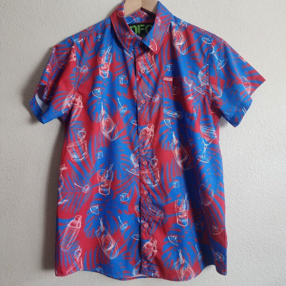 Dixxon Shirt Youth XL Red Blue Cocktail Print Button Front Short Sleeve Stretch